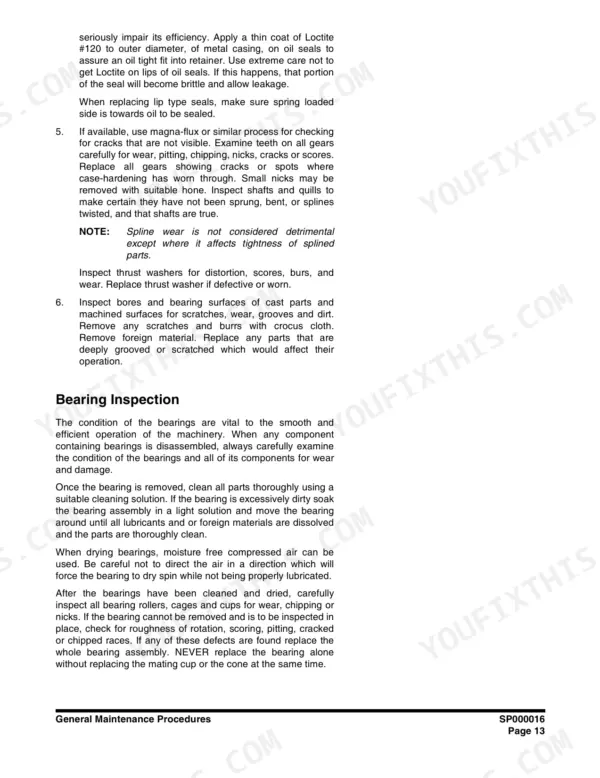 Doosan DX55 shop manual page detailing gear inspection, oil seal installation, and bearing inspection maintenance procedures.