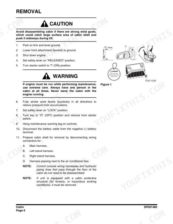 Doosan DX55 cabin removal procedure, including safety steps, battery disconnection, and wiring harness identification.