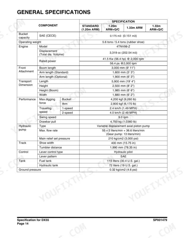 Doosan DX55 general specifications table including engine, hydraulic, performance, and transport dimension data.