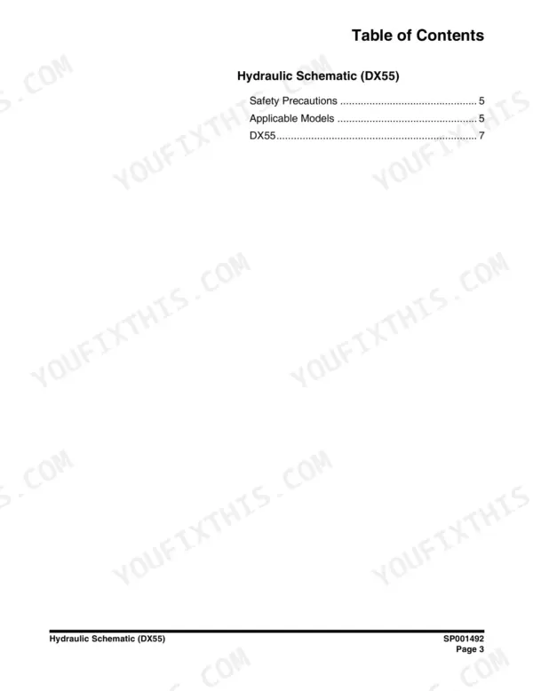Doosan DX55 service manual table of contents page listing hydraulic schematic, safety precautions, and applicable models.