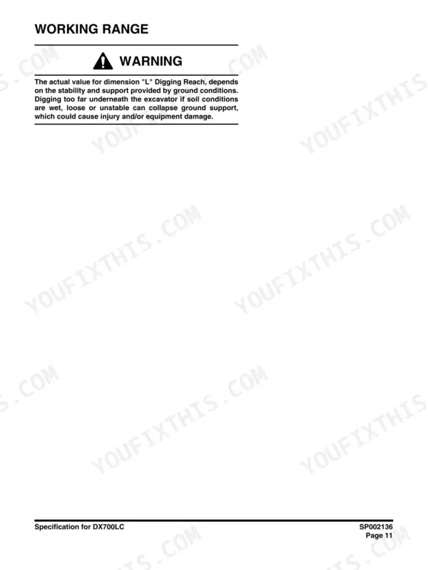 Dimension table listing tail swing radius, track length and counterweight clearance