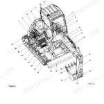 Doosan DX80R excavator component locations diagram showing engine, hydraulic, and boom parts with numbered callouts.