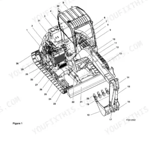 Doosan DX80R excavator component locations diagram showing engine, hydraulic, and boom parts with numbered callouts.
