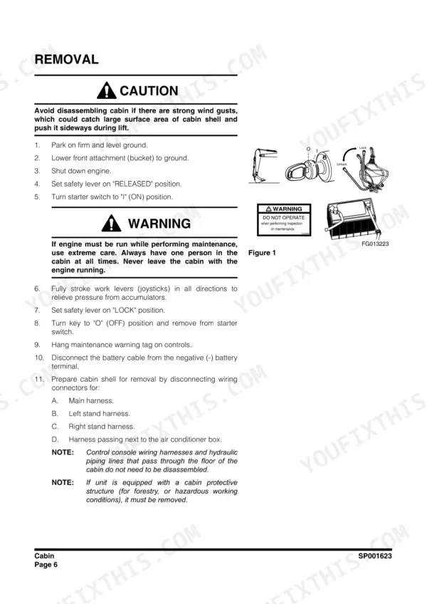Doosan DX80R cabin removal procedure, including safety warnings, joystick pressure relief, and wiring harness disconnection steps.