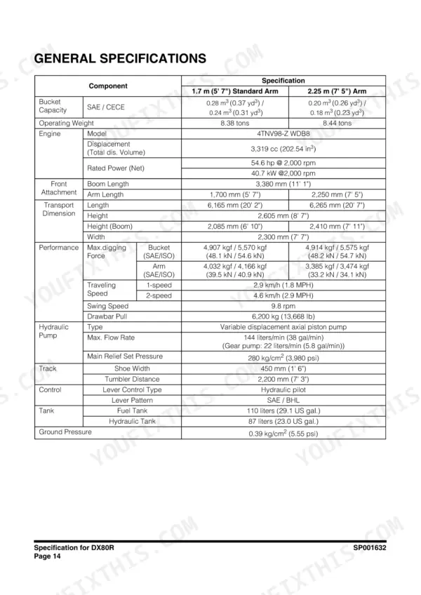 Doosan DX80R general specifications table including engine, performance, hydraulic pump, and dimension data.