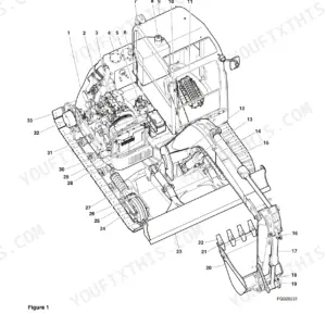 Doosan DX85R-3 component location diagram showing numbered parts for the engine, cab, undercarriage, and excavator work group.