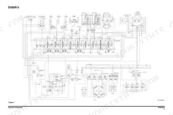 Doosan DX85R-3 hydraulic schematic diagram showing main control valve, cylinders, pilot system, and EPPR valves.