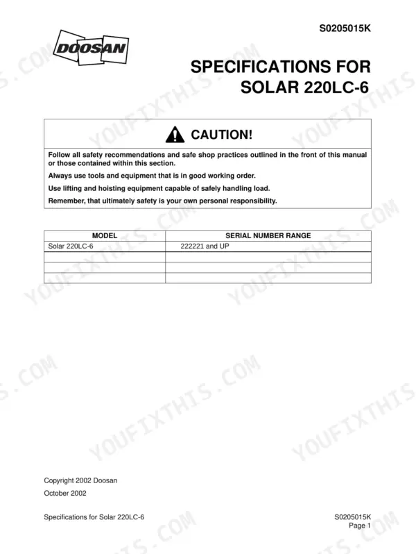 Doosan Solar 220LC-6 specifications page with safety caution and serial number range table 222221 and up.