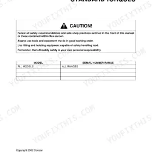 Doosan Solar 220LC-6 standard torques manual page with safety caution and model serial number range table.