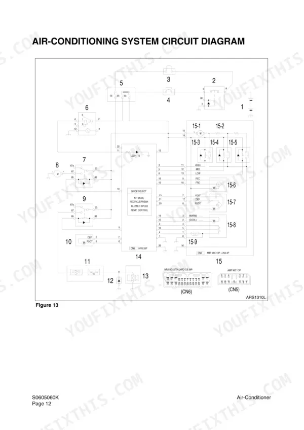 Doosan Solar 225LC-V air-conditioning system electrical circuit diagram showing relays, blower motor, and connector pinouts.