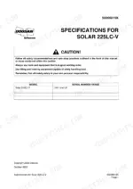 doosan-solar-225lc-v-track-excavator-shop-manual-023-00058e-specs-47.webp Doosan Solar 225LC-V specifications page showing serial number range 1001 and up and safety caution notice.