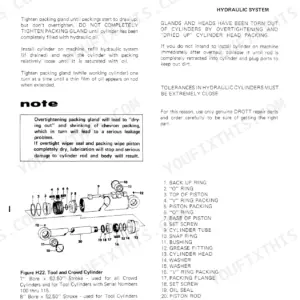 Drott 80, 80 CRUZ-AIR hydraulic cylinder packing gland adjustment procedures and exploded view of tool and crowd cylinder parts.