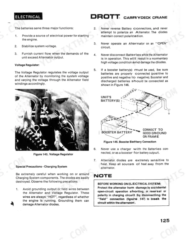 Case 85RM2 electrical system manual page showing voltage regulator, battery functions, and booster battery connection diagram.