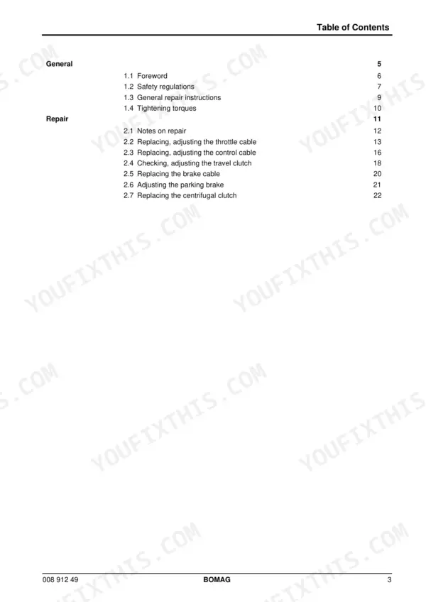 Bomag BW 75 S-2 service manual table of contents listing general repair, throttle, clutch, and brake adjustment procedures.