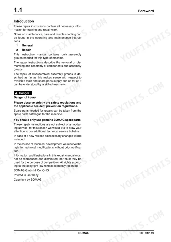 Bomag BW 75 S-2 repair manual foreword, introduction, and general safety guidelines for machine maintenance and repair procedures.