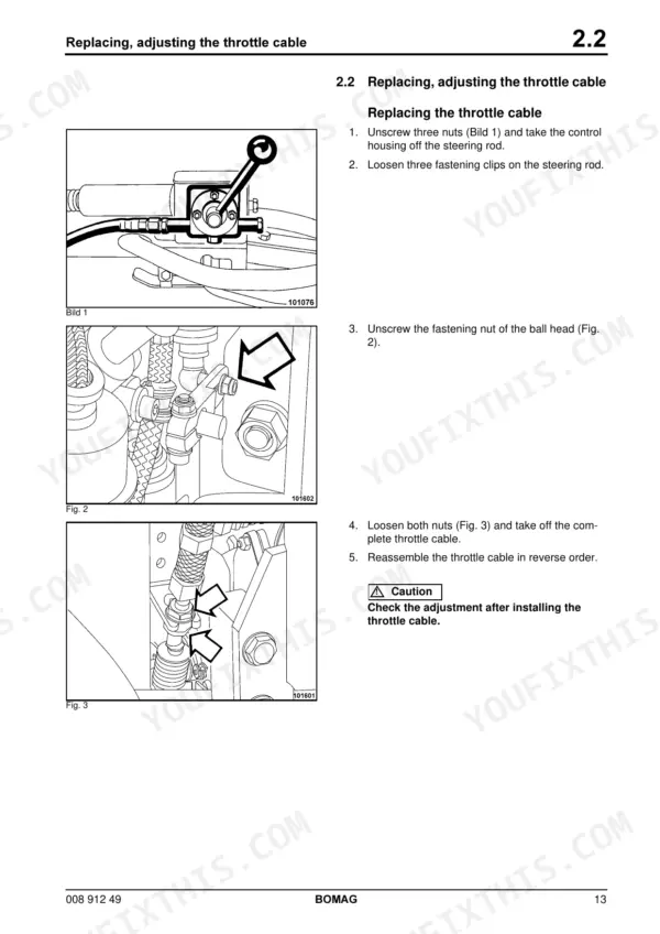 e0ebe292-b2-procedures-13 Bomag BW 75 S-2 throttle cable replacement and adjustment procedure with diagrams showing control housing and cable nuts.