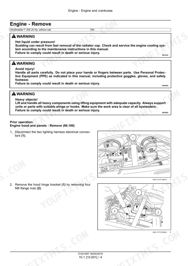 New Holland Workmaster 25S engine removal procedure, showing lighting harness disconnection and hood hinge bracket removal diagrams.