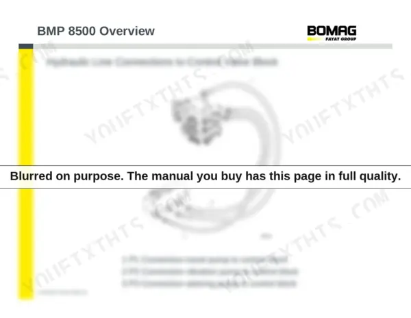 Bomag BMP 8500 control valve block with the travel, vibration and steering pump line connections labelled P1, P2 and P3.