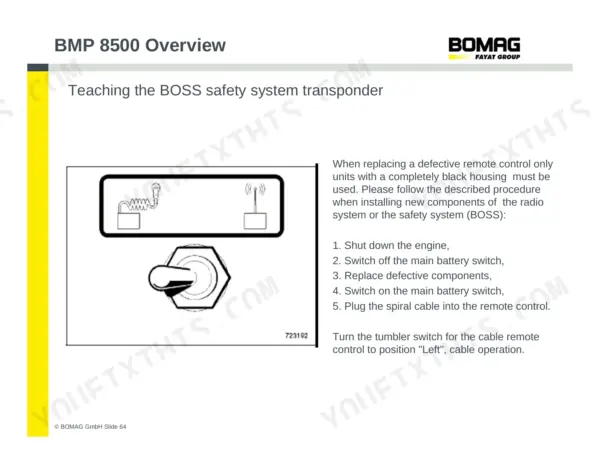 Bomag BMP 8500 procedure for teaching the BOSS safety system transponder and replacing remote control components.