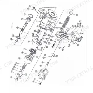 Neuson 1403, 1503, 1903, 2203 service manual exploded view diagram of the double axial and gear hydraulic pump assembly.