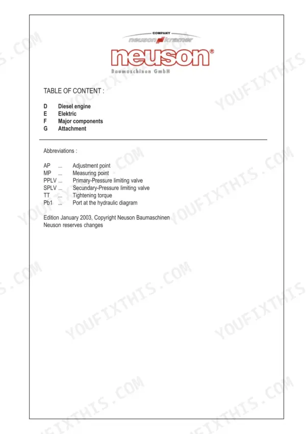 Neuson 1403, 1503, 1903, 2203 service manual table of contents and list of technical abbreviations for hydraulic systems.