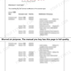 Neuson 1403, 1503, 1903, 2203 product history table listing technical modifications, excavator codes, and serial numbers.
