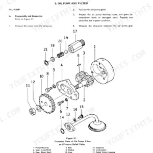 Ford 1000, 1600 exploded view of oil pump, filter, and pressure relief valve with disassembly and inspection procedures.
