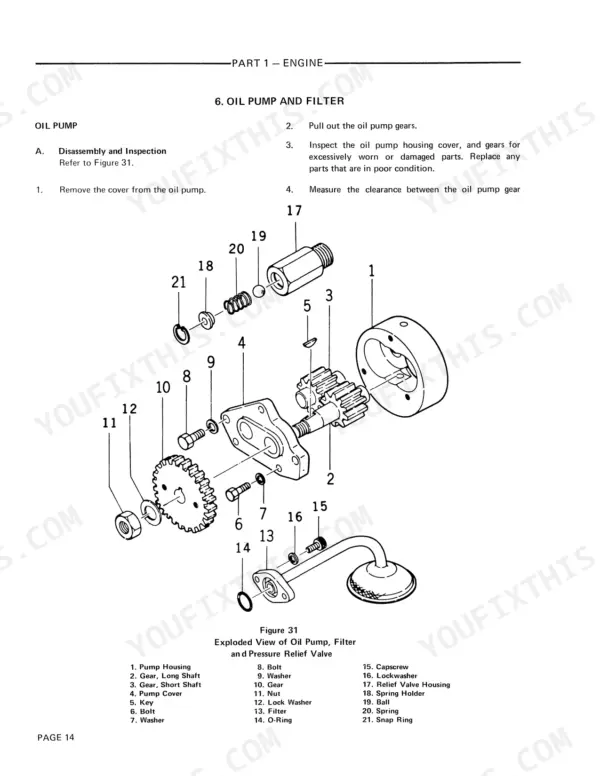 e50ed369-b-exploded-view-16 Ford 1000, 1600 exploded view of oil pump, filter, and pressure relief valve with disassembly and inspection procedures.