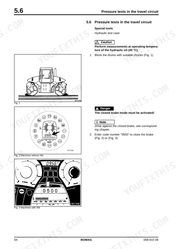 Bomag BW 174 AP and 174 ACP pressure test procedure for travel circuit, showing brake activation code 0500 on dashboard.