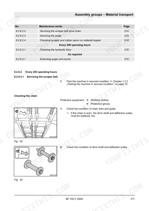 Bomag BF 700 C S500 maintenance procedure for servicing the scraper belt drive chain, including chain and pulley inspection.