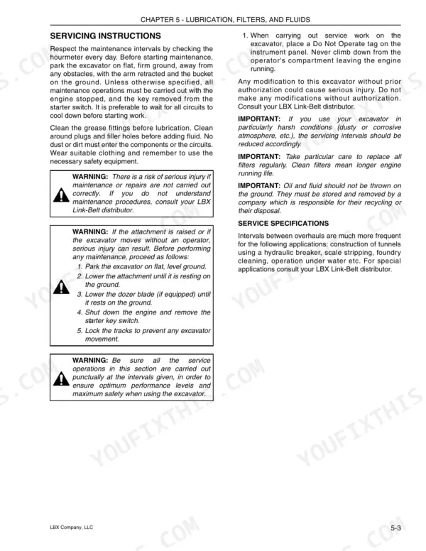 Link-belt 80, SPIN ACE, SPIN ACE 80 lubrication and maintenance servicing instructions, safety warnings, and service specifications.