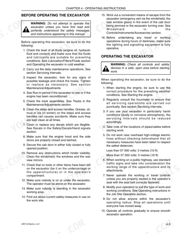 Link-belt 80, SPIN ACE, SPIN ACE 80 operating instructions, pre-start safety checks, and excavator operation procedures.