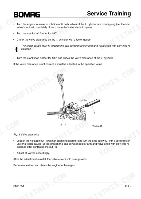 Bomag BMP 851, BW 85 T service manual page showing valve clearance adjustment procedure and diagram for engine maintenance.