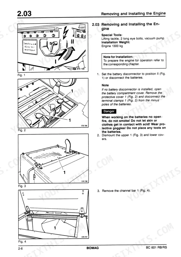 Bomag BC 601 RB, BC 601 RS engine removal procedure showing battery disconnect, battery terminal, and cover removal steps.