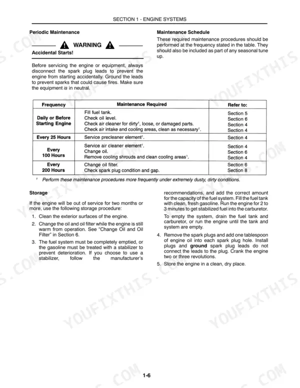 New Holland GT18, GT20, GT22 engine maintenance schedule table and long-term storage procedures.