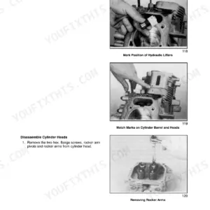 New Holland GT18, GT20, GT22 engine service manual: marking hydraulic lifters, matching cylinder barrel marks, and removing rocker arms.