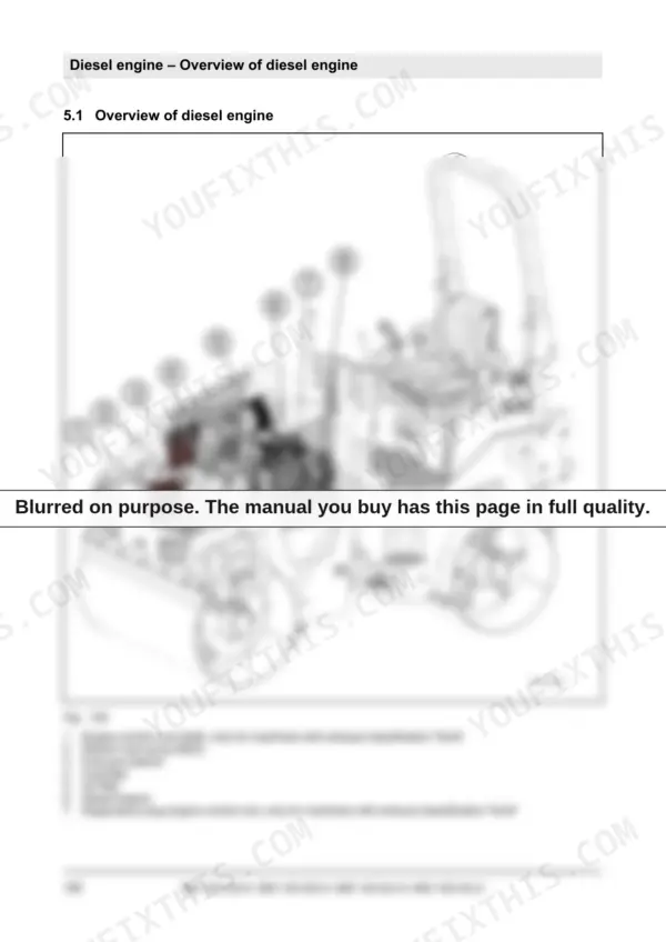 Bomag BW 100/120 AD-5 service manual — diesel engine: labeled 3D overview of the engine compartment with numbered components 1-8