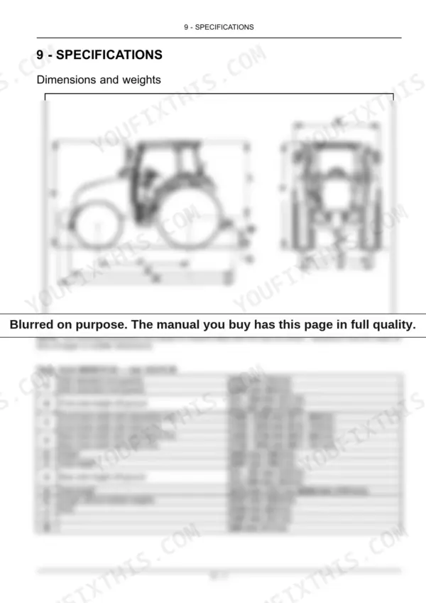 New Holland T5.95, T5.105, T5.115 tractor dimensions and weights specification table and diagram with labeled points.