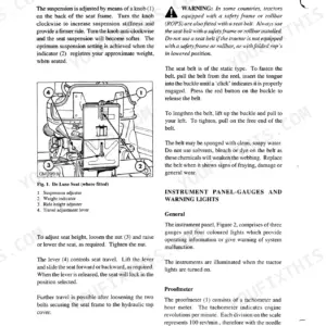 New Holland 5610S, 6610S, 7610S manual page showing De Luxe seat suspension adjustments, seat belt operation, and proofmeter details.