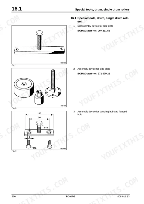 Bomag BW 216 D-4/PD-4 service manual — drum: special tool drawings for side plate disassembly, assembly and coupling hub work