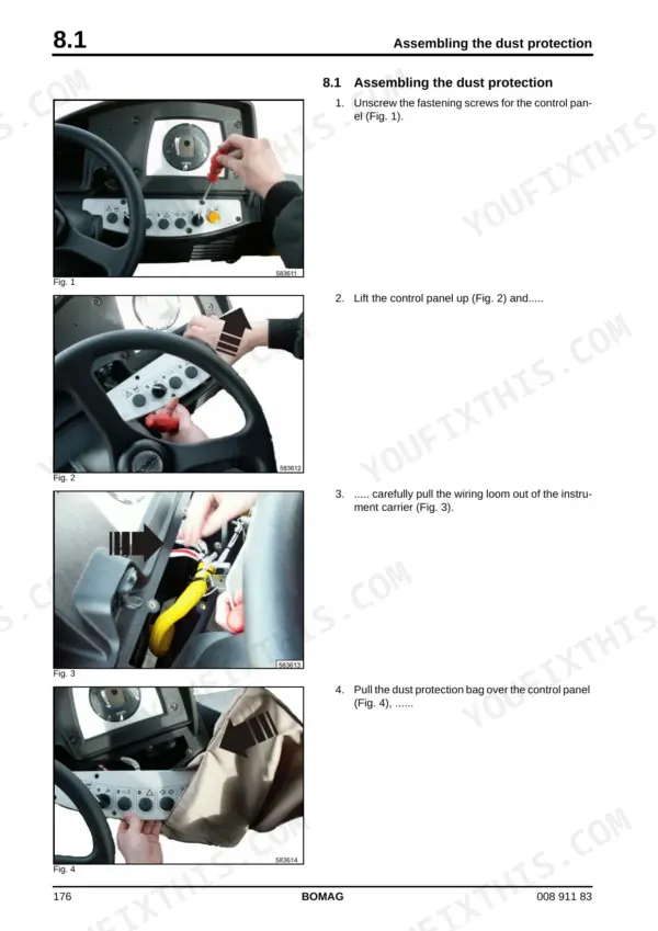 Bomag BW 216 D-4/PD-4 service manual — dust protection: step photos removing the operating console to fit the dust protection