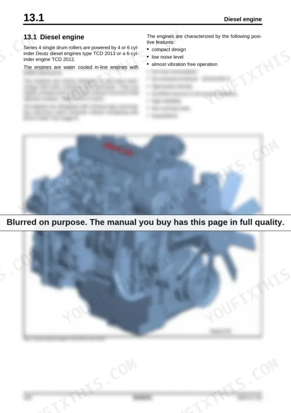 Bomag BW 216 D-4/PD-4 service manual — engine: photo of the Deutz diesel engine with a bullet list of design features