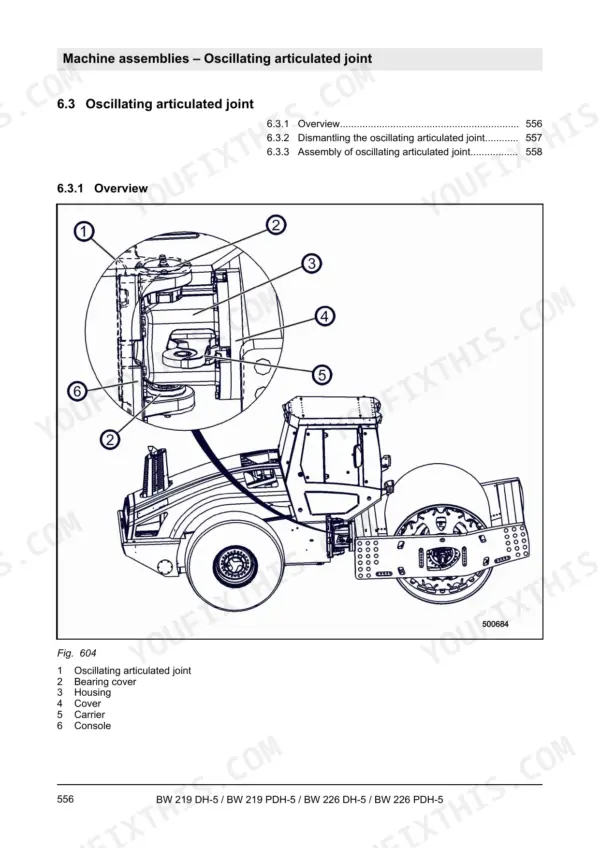 Bomag BW 219/226 DH-5 service manual — oscillating articulated joint overview with labeled cutaway drawing
