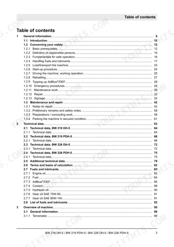 Bomag BW 219/226 DH-5 service manual — general information: title page listing the manual's table of contents chapters