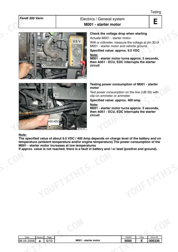 Fendt 309-312 Vario COM III starter motor M001 voltage and current test.