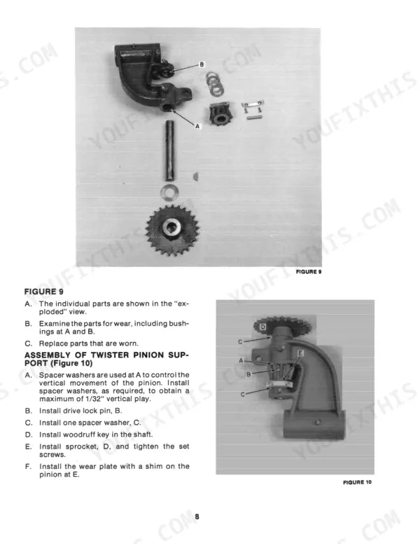 New Holland 311, 316, 320, 326, 420, 425, 426, 430, 505, 565, 570, 575, 1425, 1426: Exploded view and assembly procedure for the twister pinion support, including sprocket and shaft components.