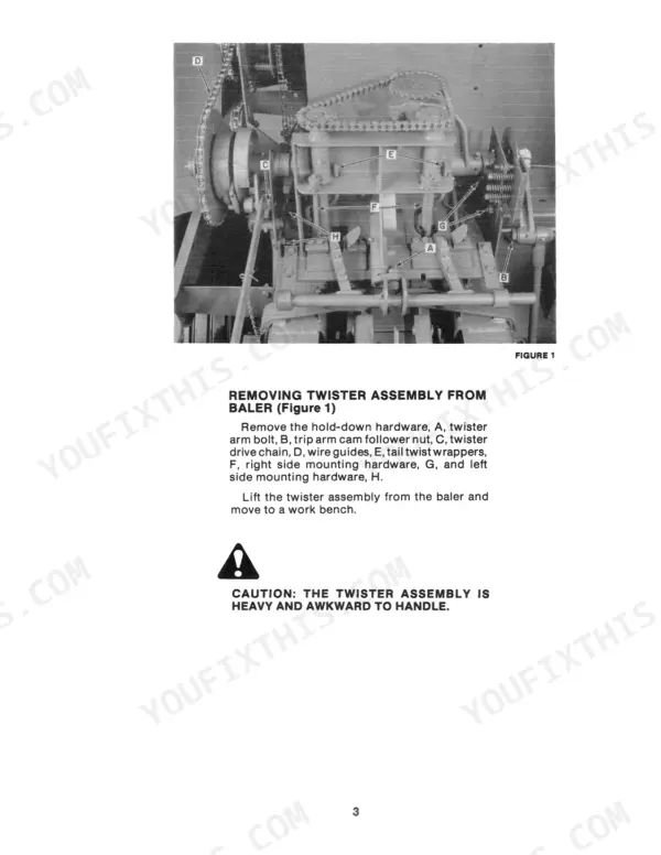 New Holland 311, 316, 320, 326, 420, 425, 426, 430, 505, 565, 570, 575, 1425, 1426 procedure for removing the baler twister assembly.