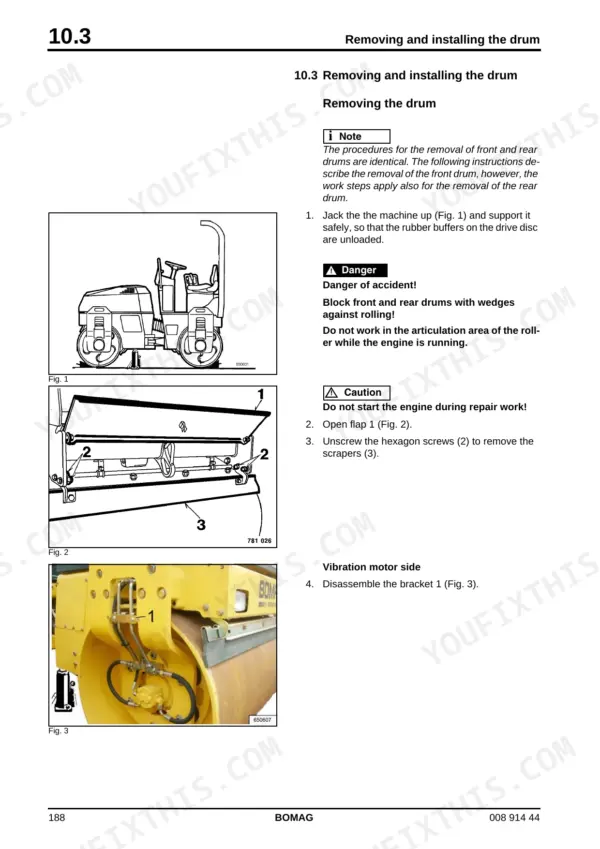 Bomag BW 135 AD, BW 138 AD, BW 138 AC service manual procedure for removing and installing the drum and vibration motor.