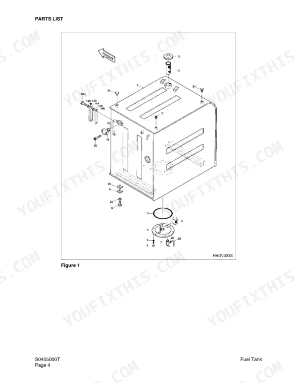 Terex TXC 140LC-1 to 470LC-1 exploded view diagram of the fuel tank assembly and components.