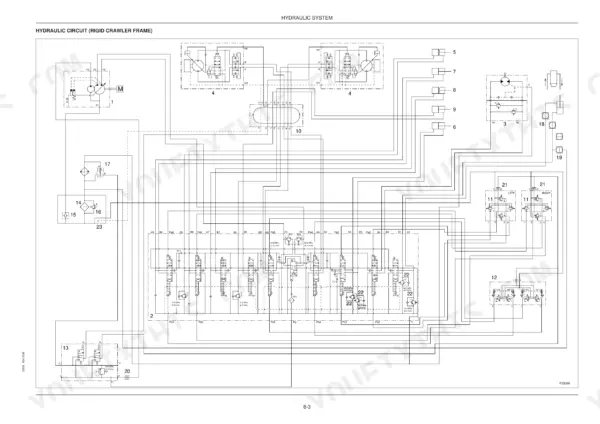 Fiat Kobelco E16 EVOLUTION, E18 EVOLUTION hydraulic circuit diagram for rigid crawler frame showing pumps, valves, and motors.